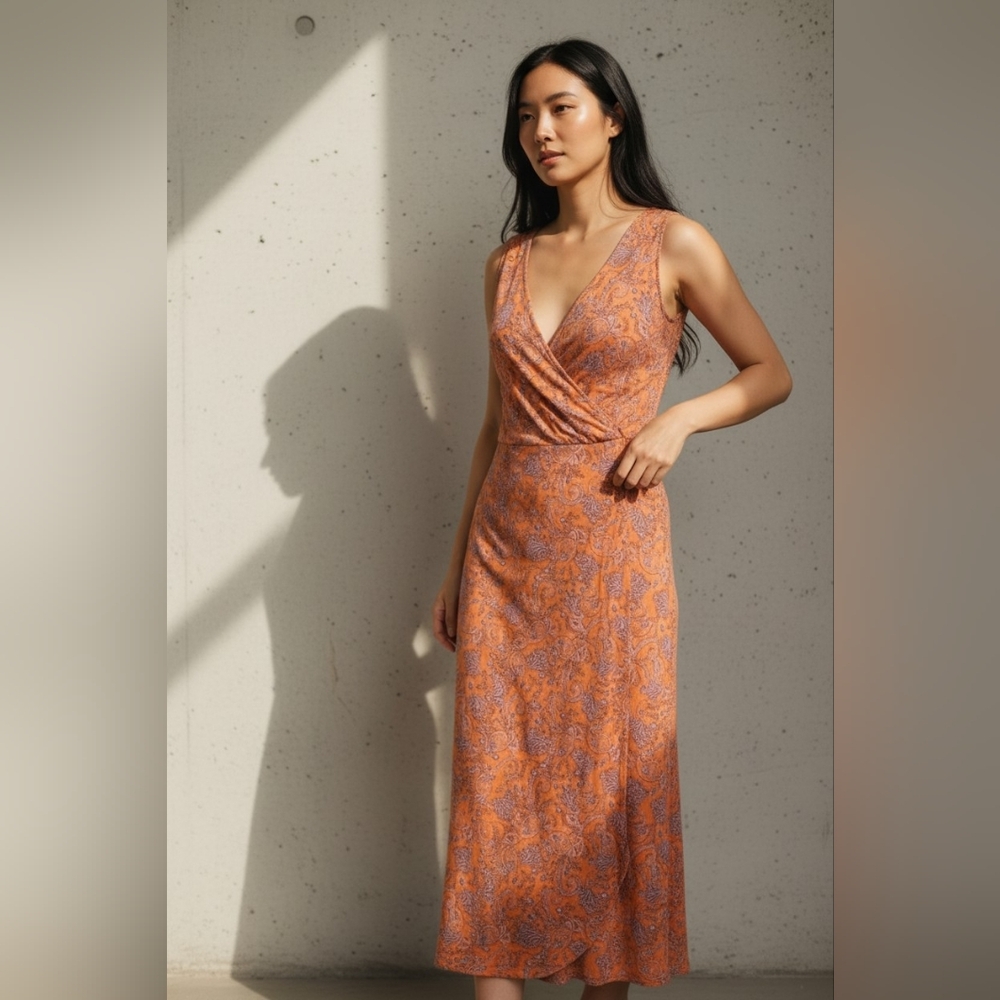 J. Jill Orange Paisley V-Neck Maxi Dress